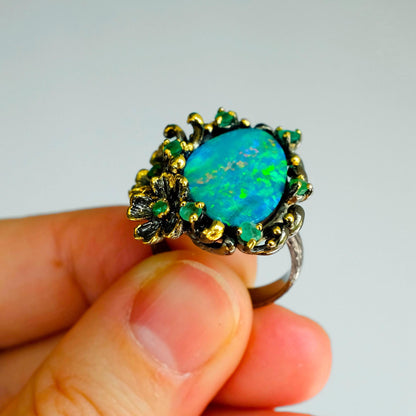 925 Sterling Silver Australian Opal Flower Ring