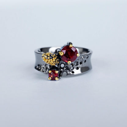 925 Sterling Silver Garnet Black Band Ring
