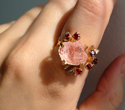 14-18K Solid Gold Raw Pink Morganite Engagement Ring