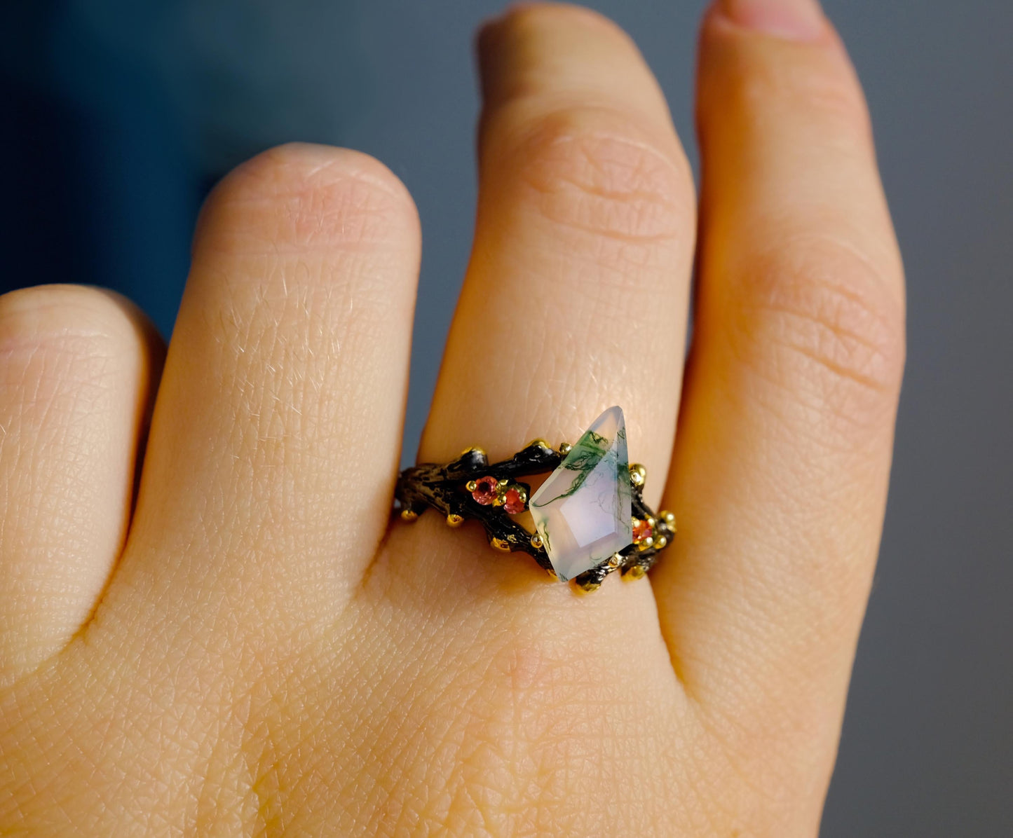 925 Sterling Silver Kite Moss Agate Ring