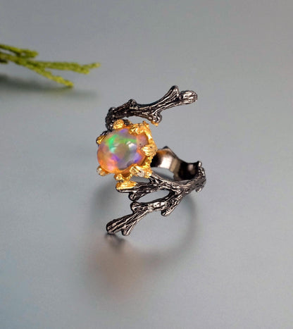 925 sterling silver fire opal branch ring