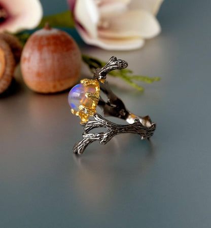 925 sterling silver fire opal branch ring