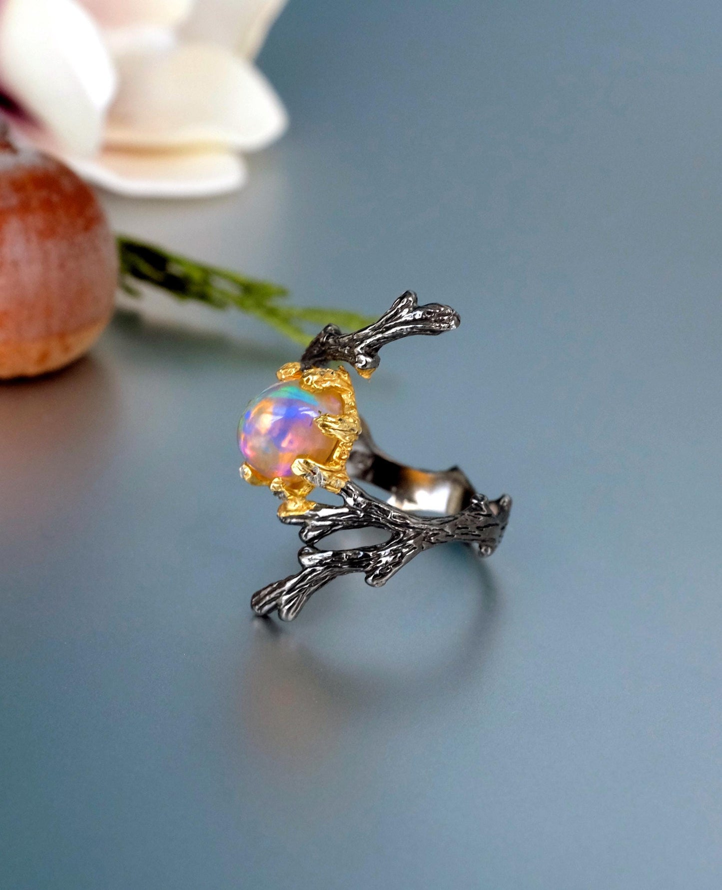 925 sterling silver fire opal branch ring