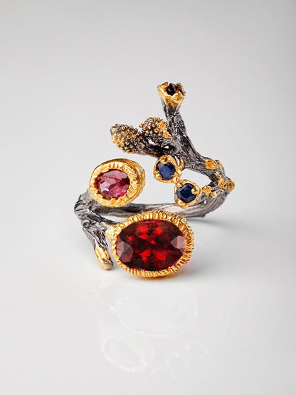 925 sterling silver red garnet black branch ring