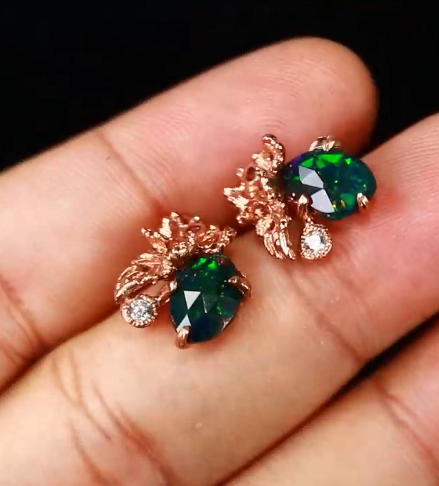 925 Sterling Silver Black Opal Leaf Studs