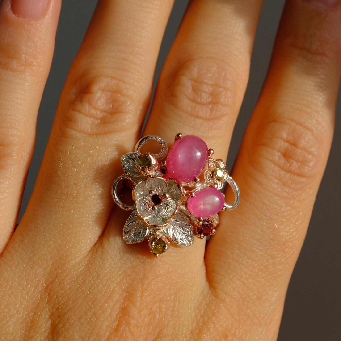 925 Sterling Silver Pink Ruby Flower Fantasy Ring