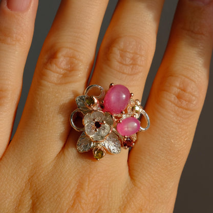 925 Sterling Silver Pink Ruby Flower Fantasy Ring