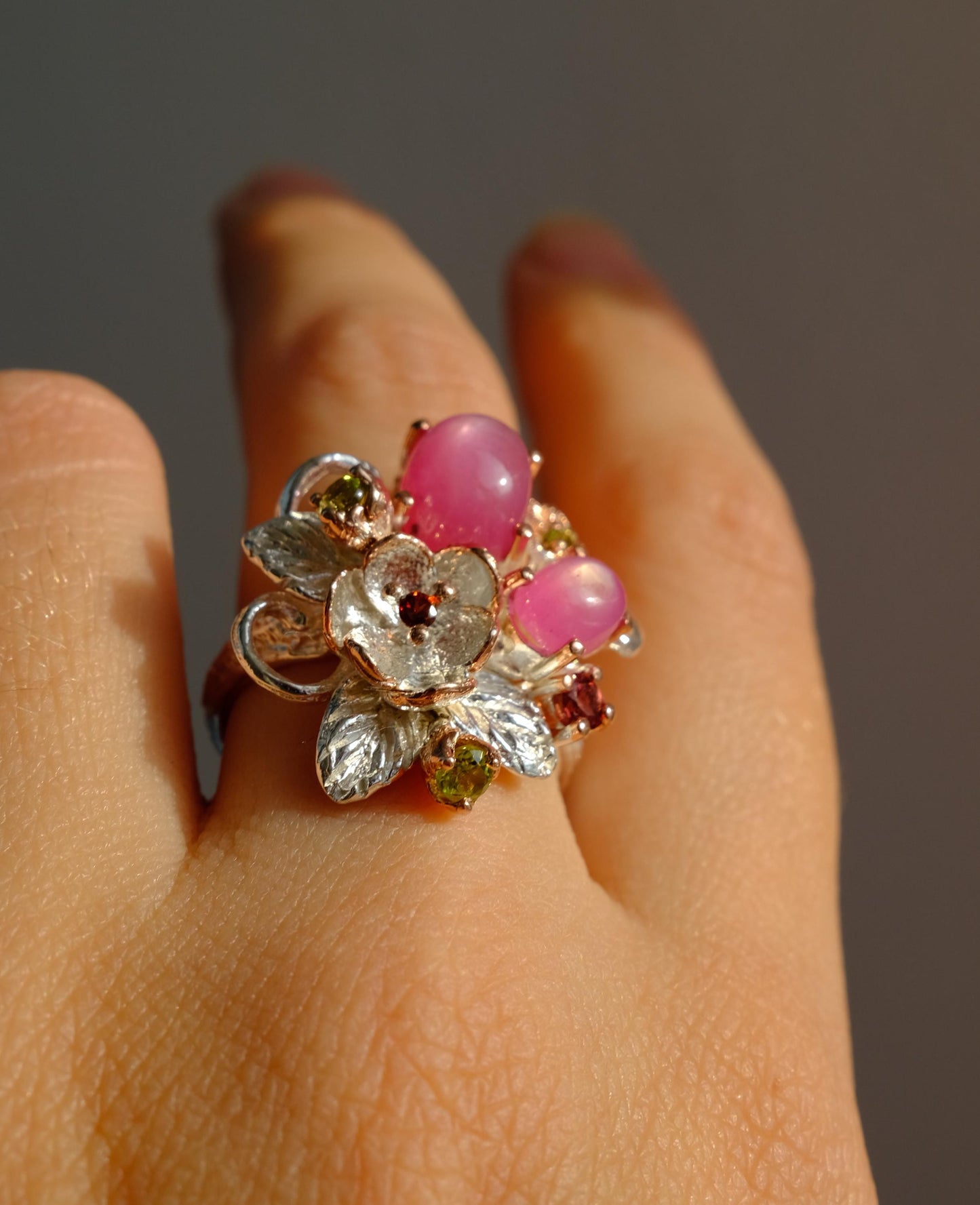 925 Sterling Silver Pink Ruby Flower Fantasy Ring