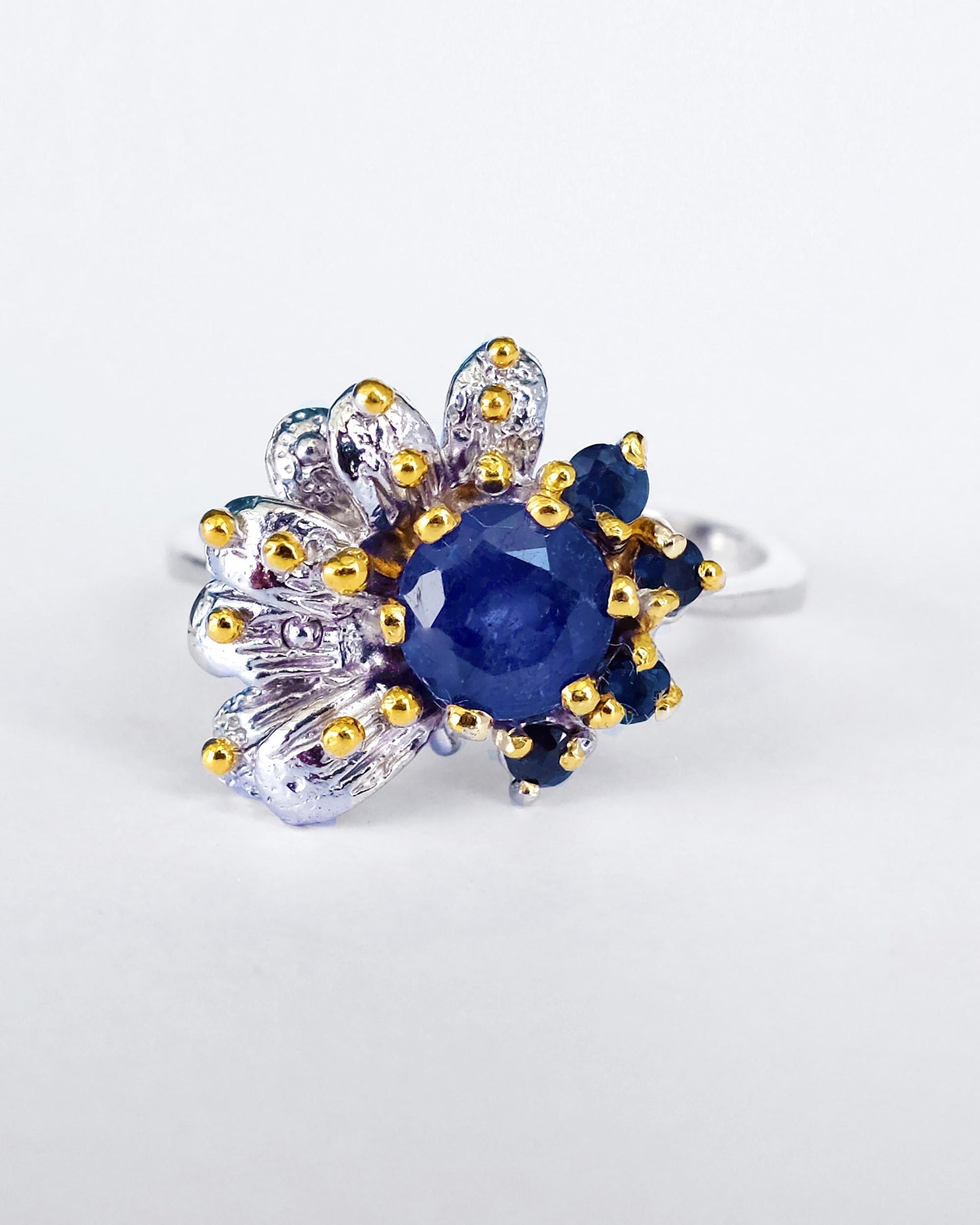 925 Sterling Silver Real Sapphire Flower Ring