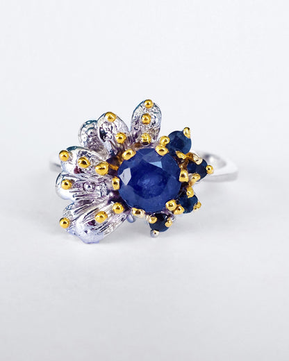 925 Sterling Silver Real Sapphire Flower Ring