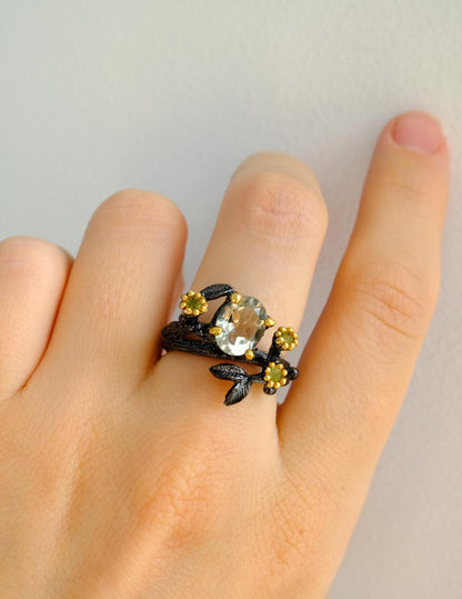 925 Sterling Silver Green Amethyst Leaf Ring