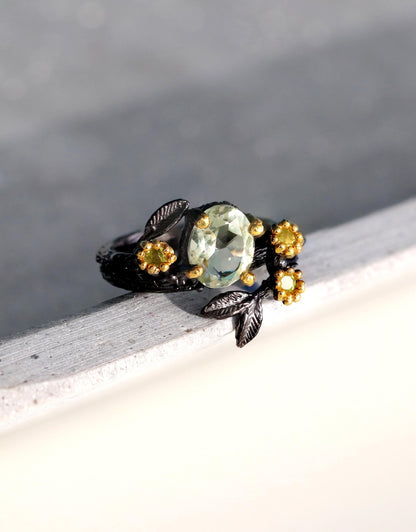 925 Sterling Silver Green Amethyst Leaf Ring