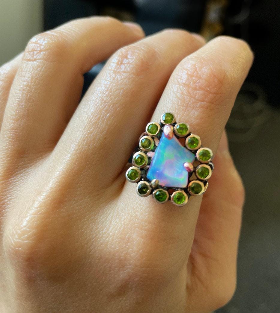 925 Sterling Silver Raw Opal Halo Ring