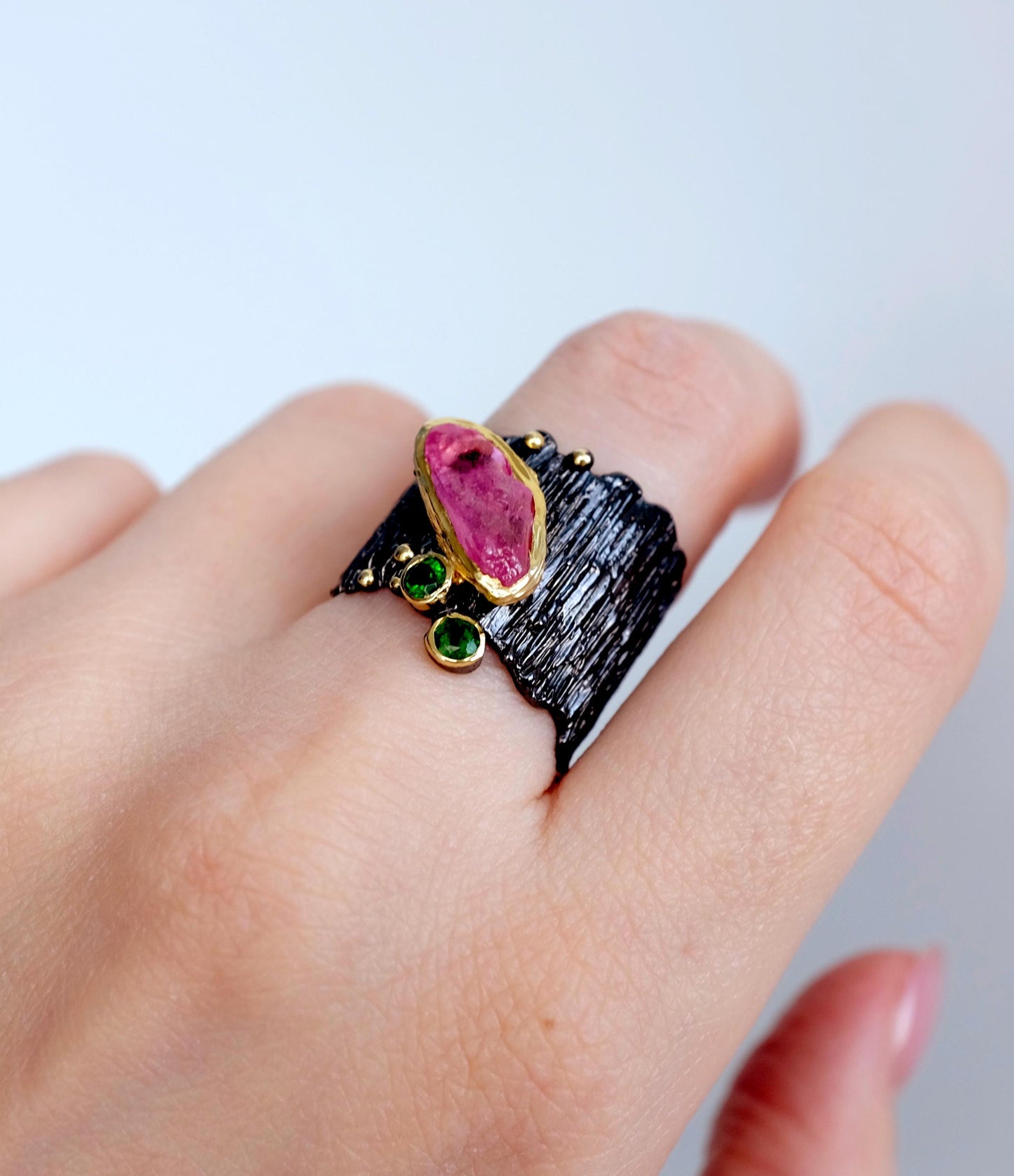 925 Sterling Silver Raw Pink Ruby Statement Ring