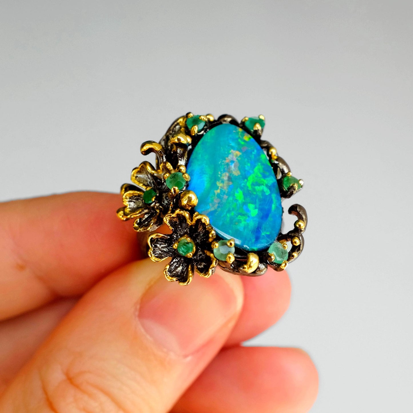 925 Sterling Silver Australian Opal Flower Ring