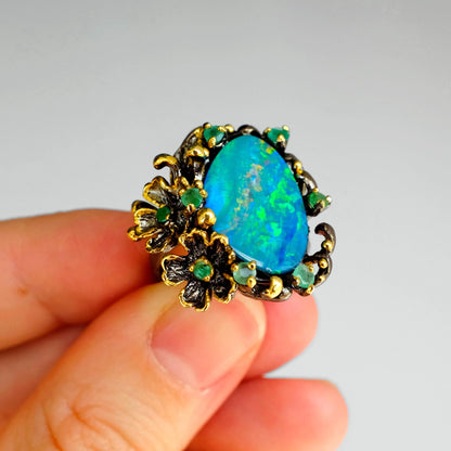 925 Sterling Silver Australian Opal Flower Ring