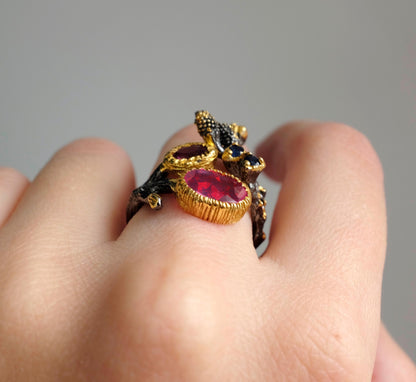 925 sterling silver red garnet black branch ring