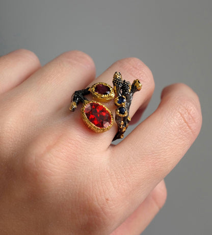 925 sterling silver red garnet black branch ring