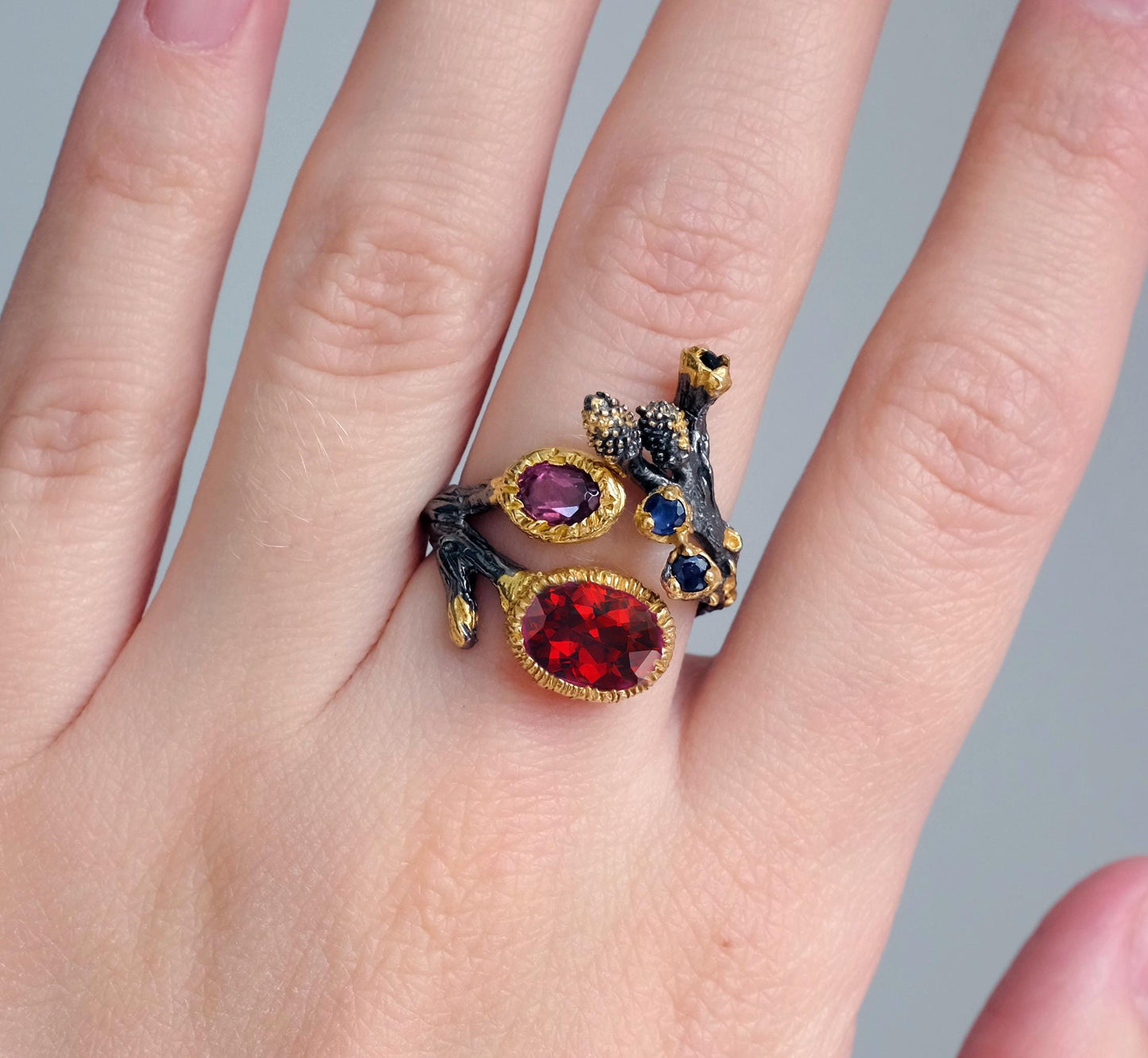 925 sterling silver red garnet black branch ring