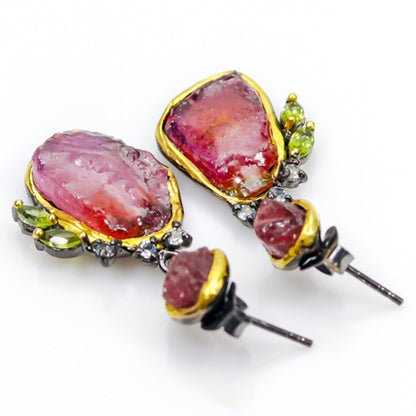 925 Sterling Silver Raw Pink Ruby Earrings