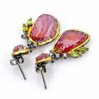 925 Sterling Silver Raw Pink Ruby Earrings