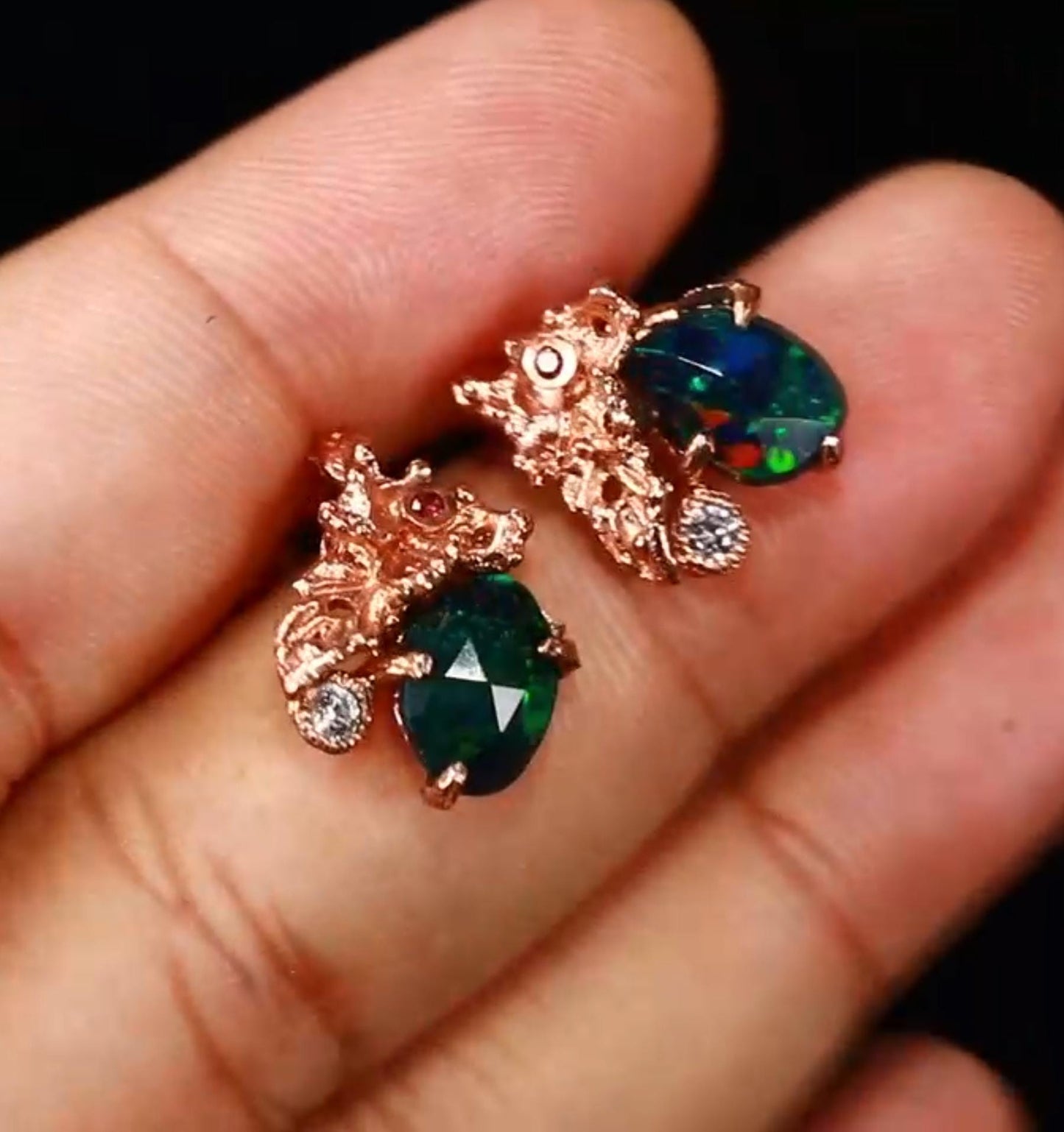 925 Sterling Silver Black Opal Leaf Studs