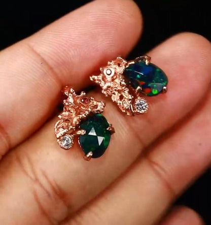 925 Sterling Silver Black Opal Leaf Studs