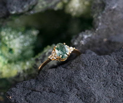 925 sterling silver moss agate green oval ring