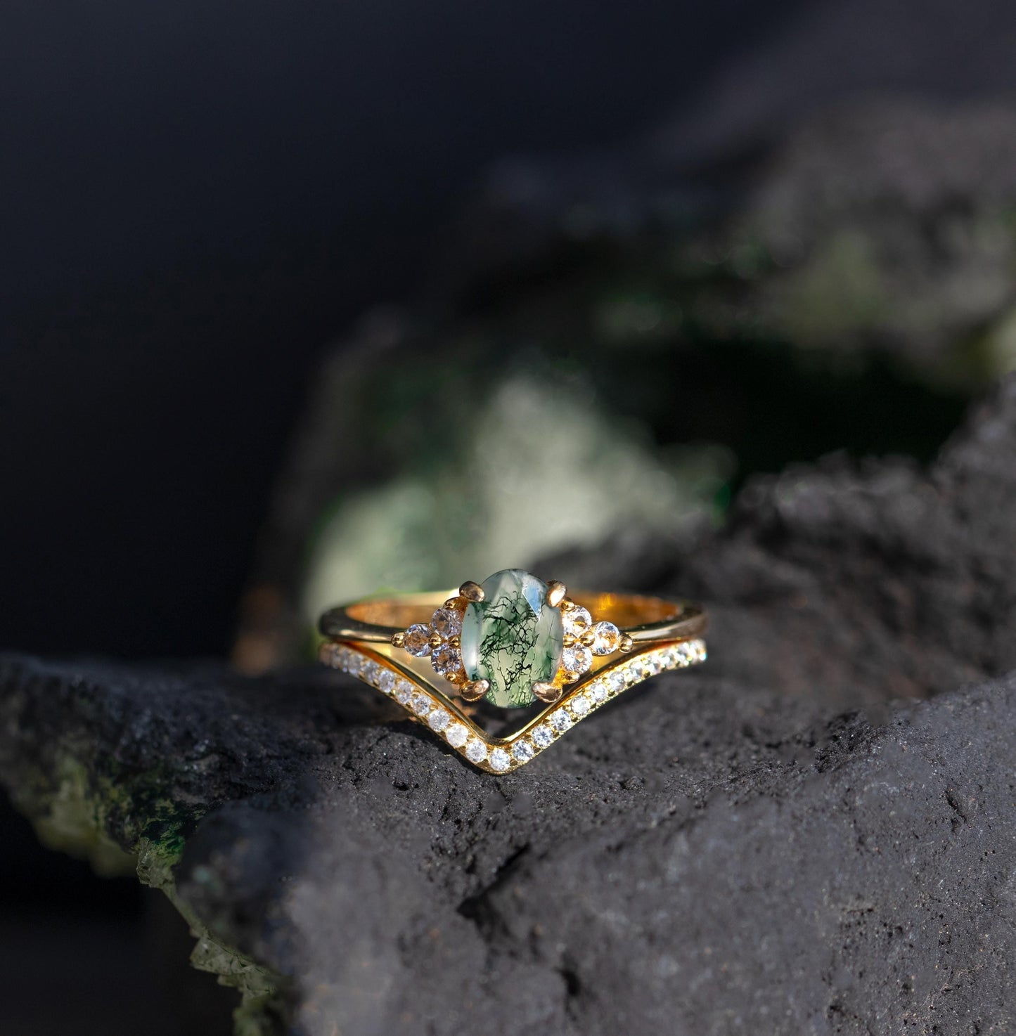 925 sterling silver moss agate green oval ring