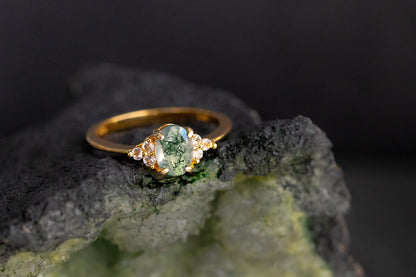 925 sterling silver moss agate green oval ring