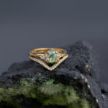 925 sterling silver moss agate green oval ring