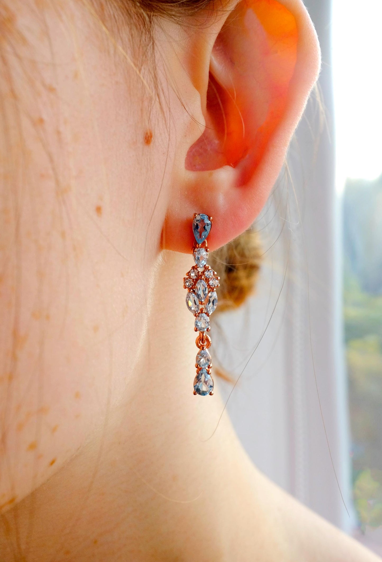 925 Sterling Silver Blue Topaz Art Deco Earrings