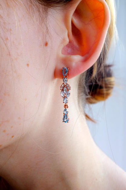 925 Sterling Silver Blue Topaz Art Deco Earrings