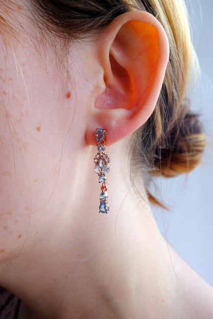 925 Sterling Silver Blue Topaz Art Deco Earrings