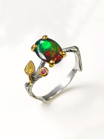 925 Sterling Silver Black Opal Branch Leaf Ring