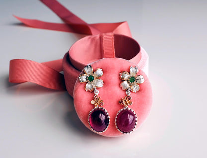 925 Sterling Silver Ruby Flower Earrings