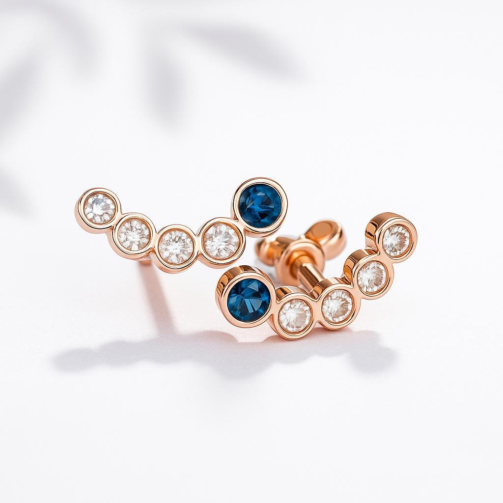 14K Solid Rose Gold Sapphire Ear Crawler Earrings