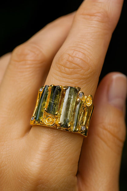 925 sterling silver raw green tourmaline ring