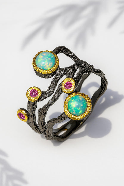 925 sterling silver fire opal wide band ring