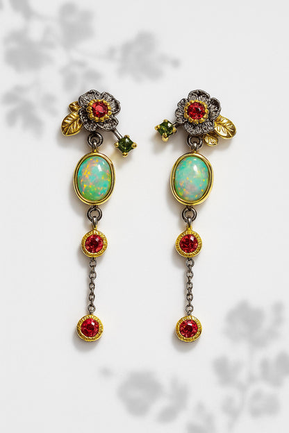925 Sterling Silver Fire Opal Flower Dangle Earrings