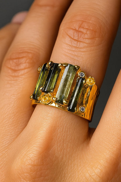 925 sterling silver raw green tourmaline ring