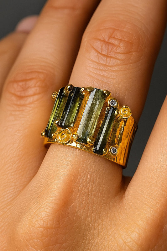 925 sterling silver raw green tourmaline ring