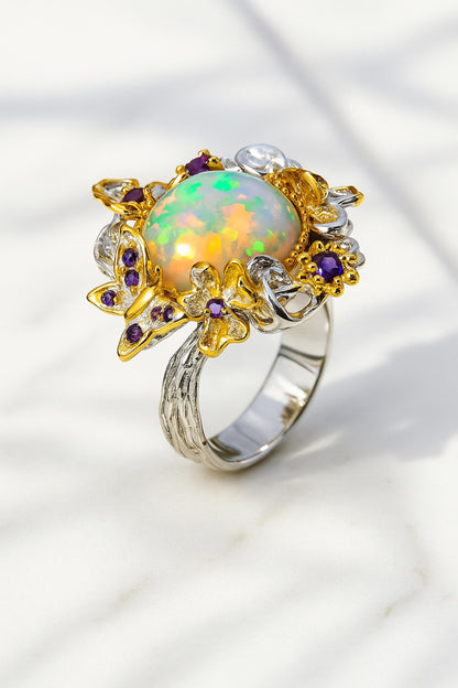 925 Sterling Silver Genuine Opal Statement Ring