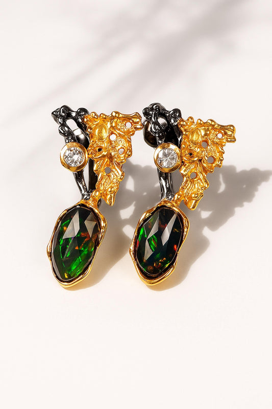 925 Sterling Silver Black Opal Leaf Earrings