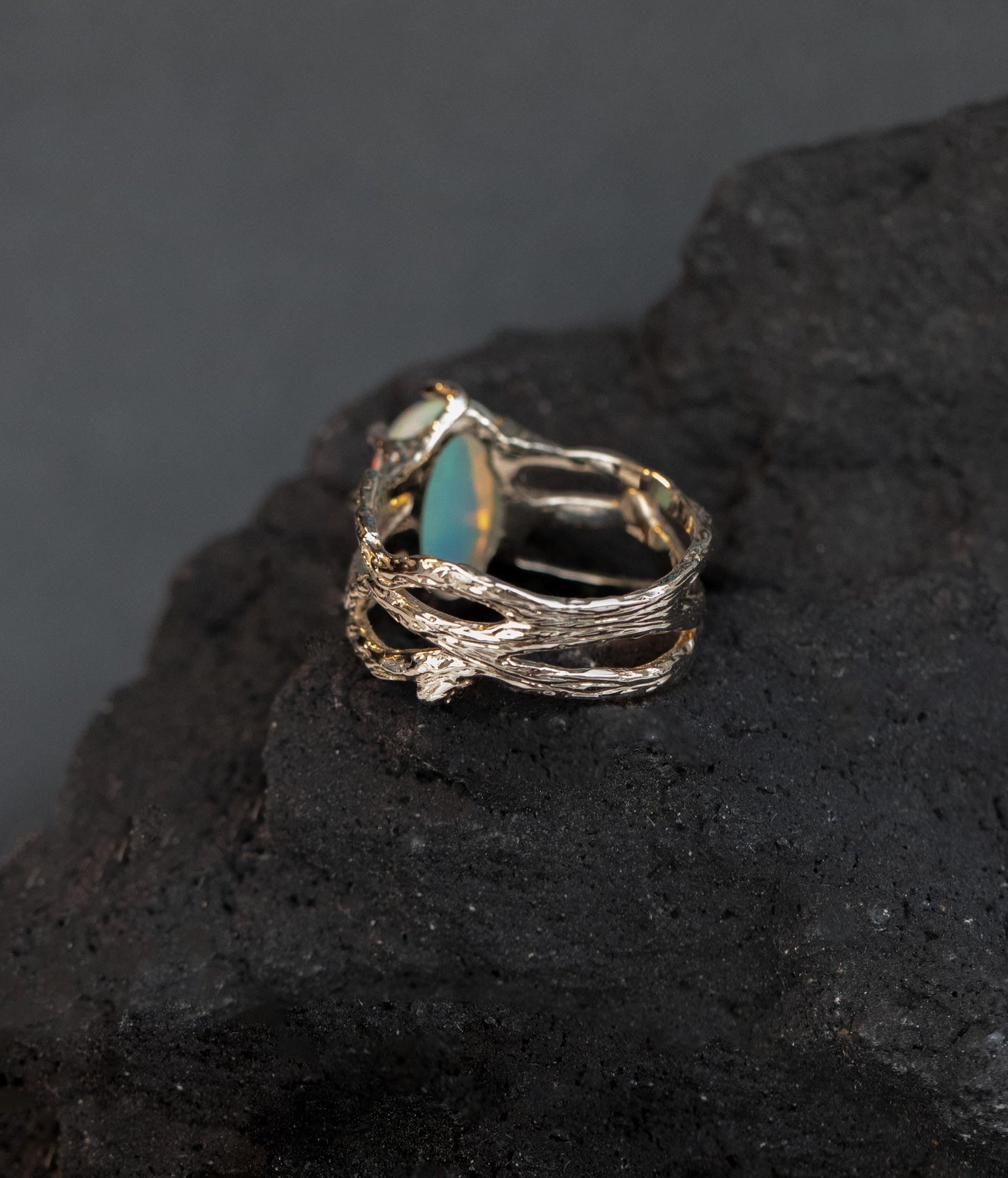 925 Sterling Silver Black Opal Branch Ring