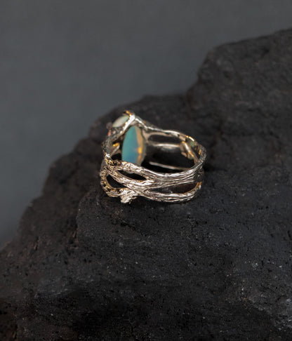 925 Sterling Silver Black Opal Branch Ring