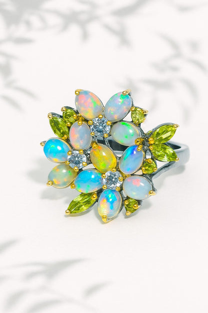 925 Sterling Silver Rainbow Opal Flower Ring