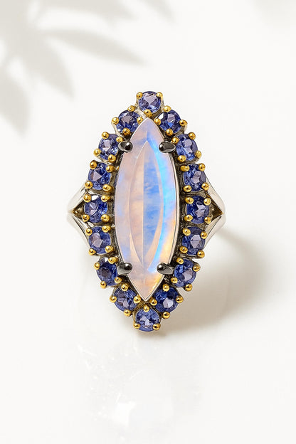 925 Sterling Silver Rainbow Moonstone Marquise Ring