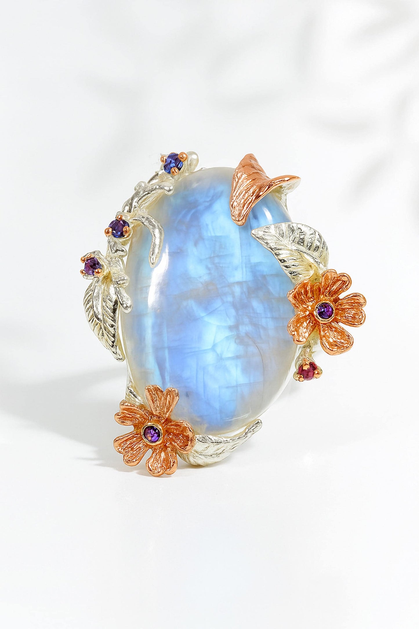 925 Sterling Silver Rainbow Moonstone Flower Ring