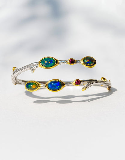 925 Sterling Silver Black Opal Branch Cuff Bracelet